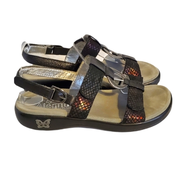 Alegria Irridesent metallic snakeskin look double strap sandals. - Picture 4 of 7
